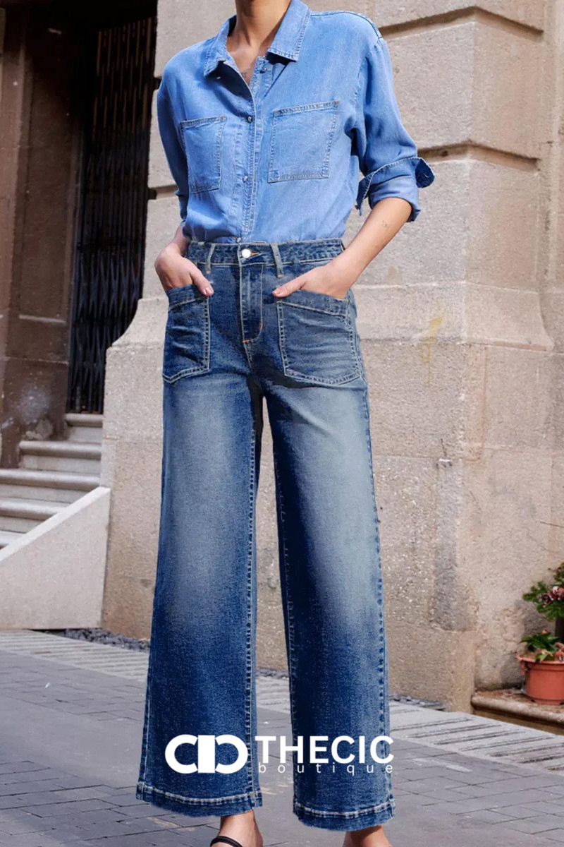 Denim Wide-Leg Patch Pocket Pants