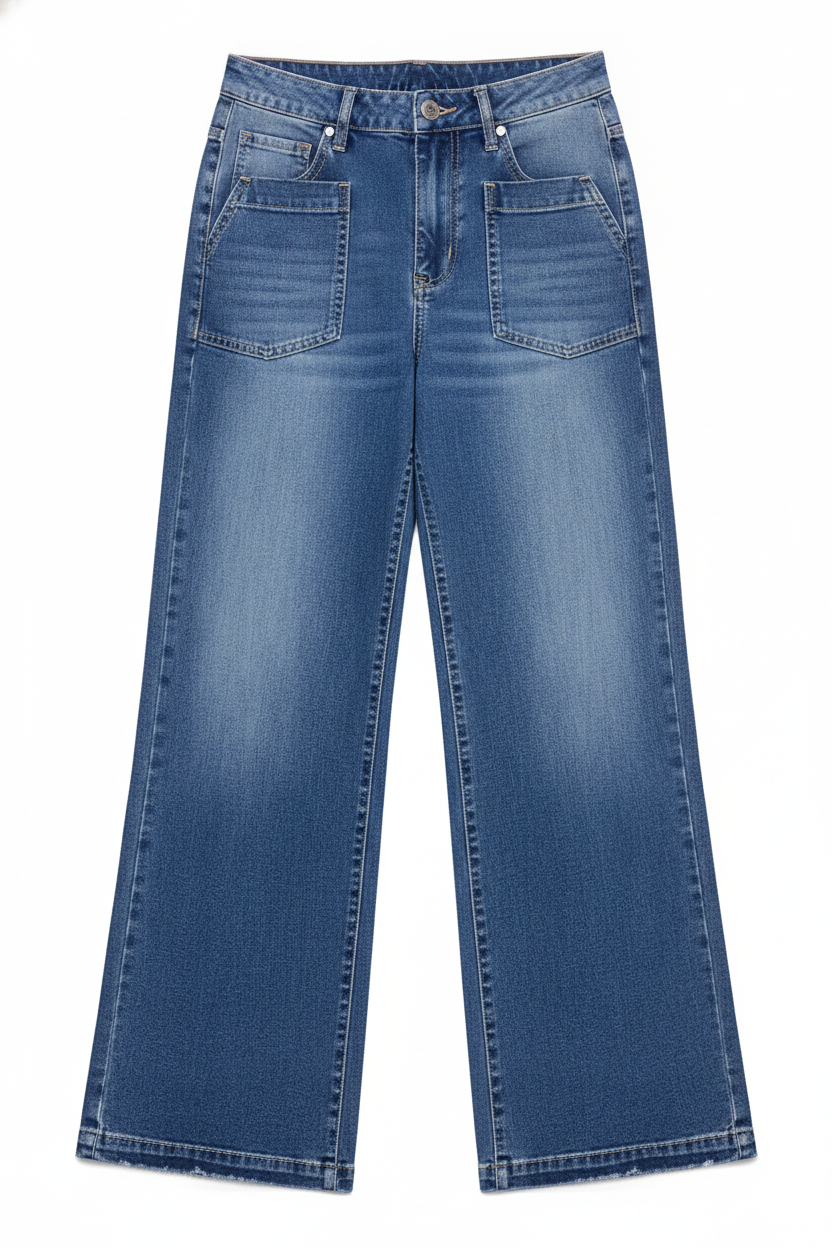 Denim Wide-Leg Patch Pocket Pants
