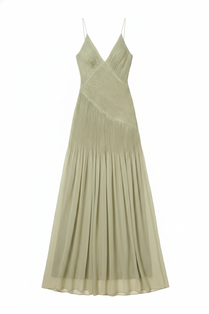Diagonal Pleated V-Neck Spaghetti Strap Maxi Dress