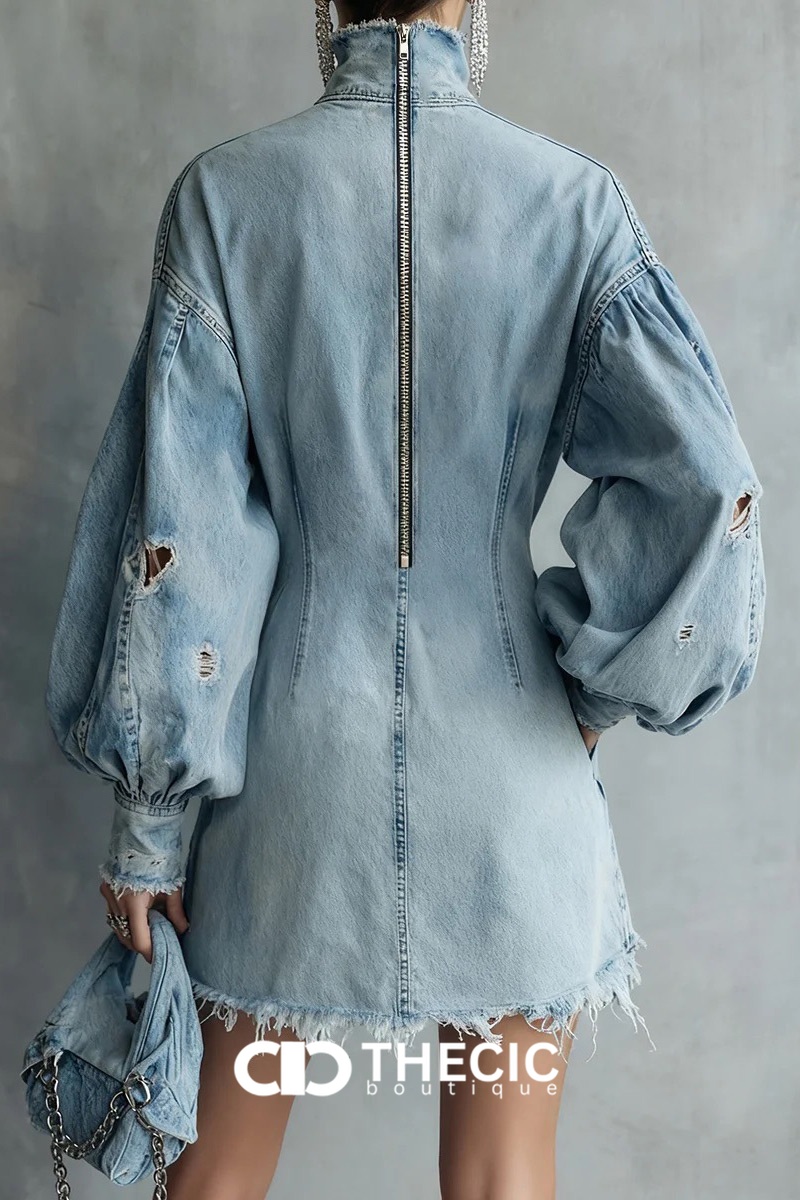 Distressed Denim High Neck Puff Sleeve Dress