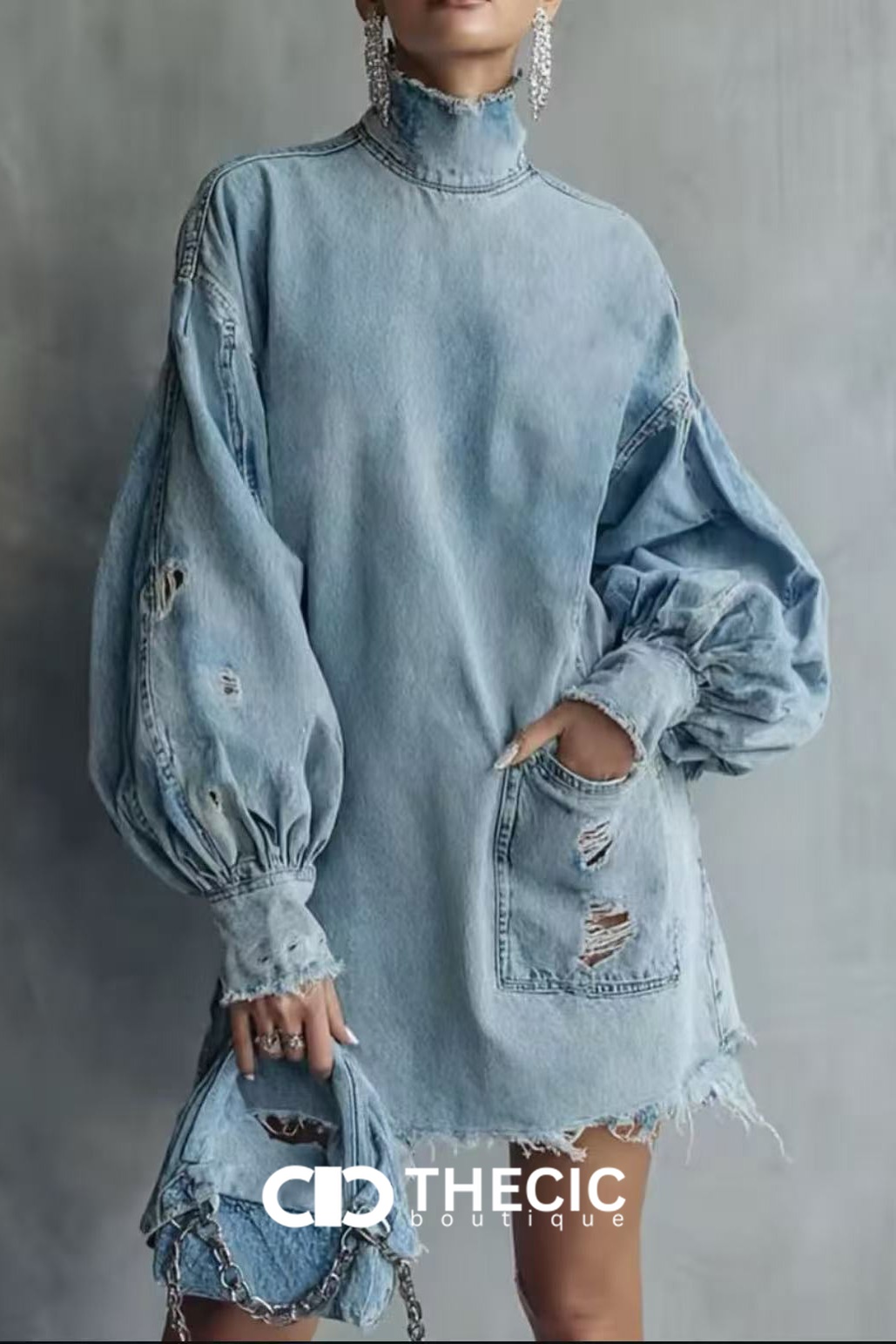 Distressed Denim High Neck Puff Sleeve Dress