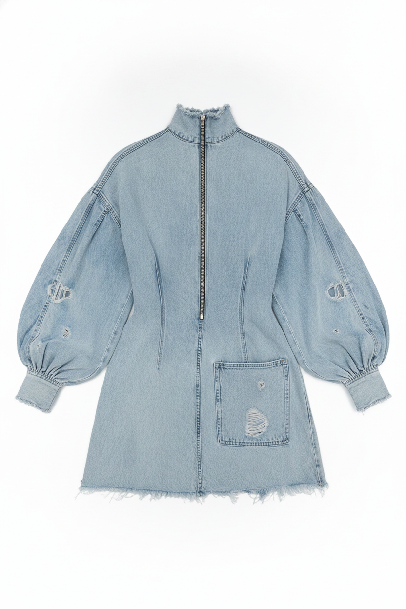 Distressed Denim High Neck Puff Sleeve Dress
