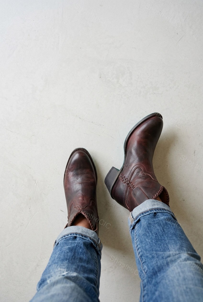 Distressed Leather Braided Trim Western Ankle Boots