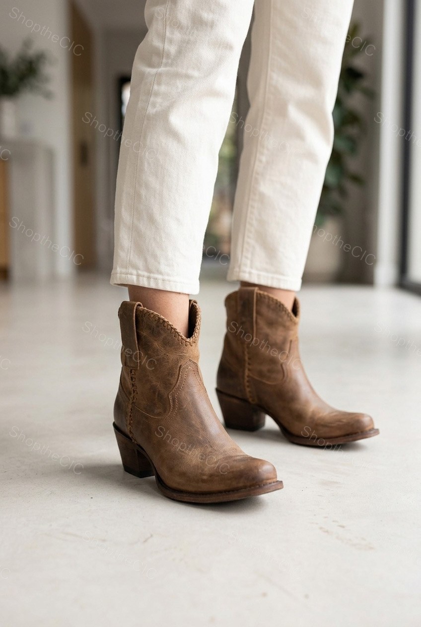 Distressed Leather Braided Trim Western Ankle Boots