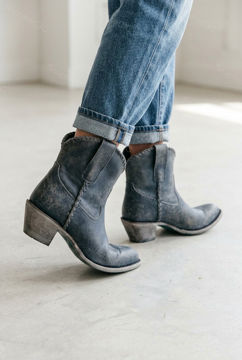 Distressed Leather Braided Trim Western Ankle Boots