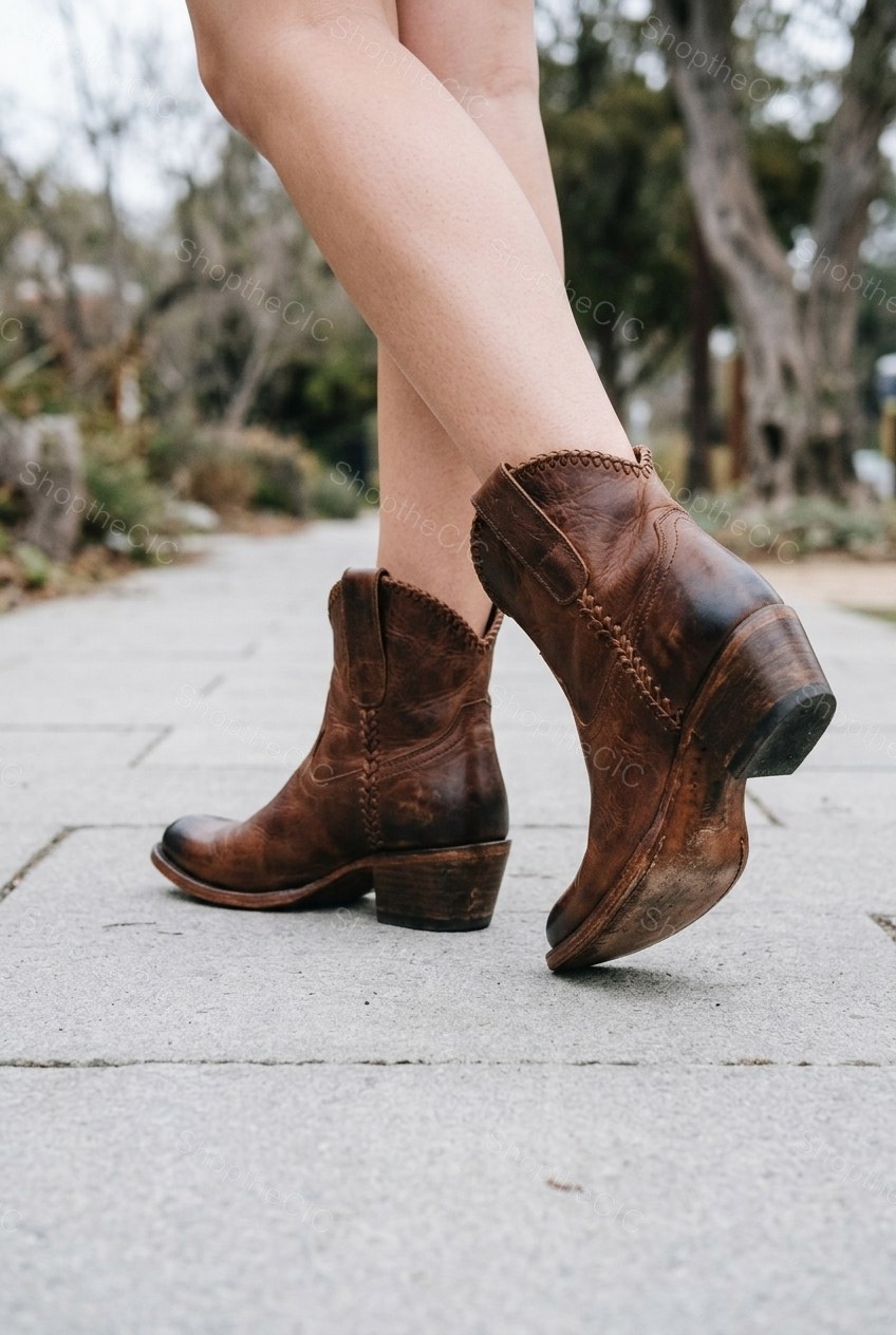 Distressed Leather Braided Trim Western Ankle Boots