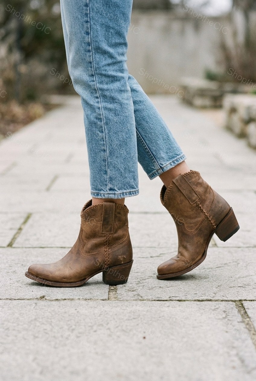 Distressed Leather Braided Trim Western Ankle Boots