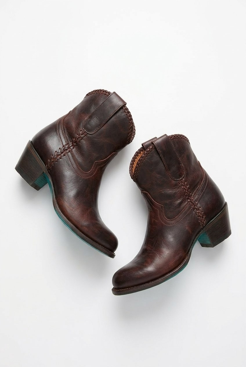 Distressed Leather Braided Trim Western Ankle Boots