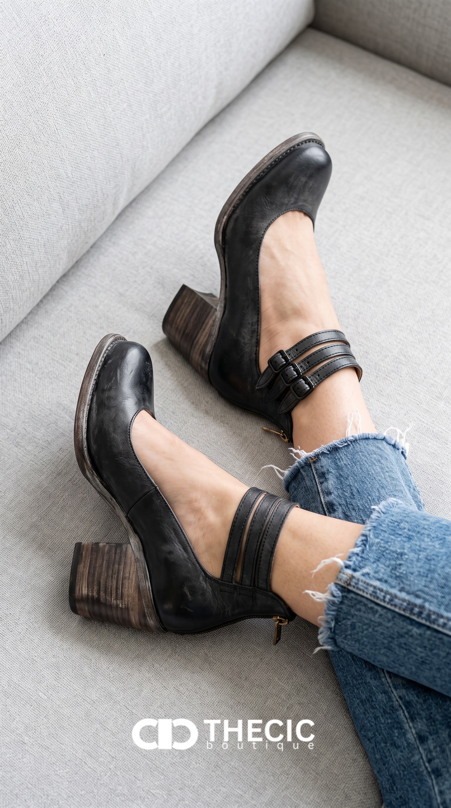 Distressed Leather Triple Buckle Ankle Strap Pumps
