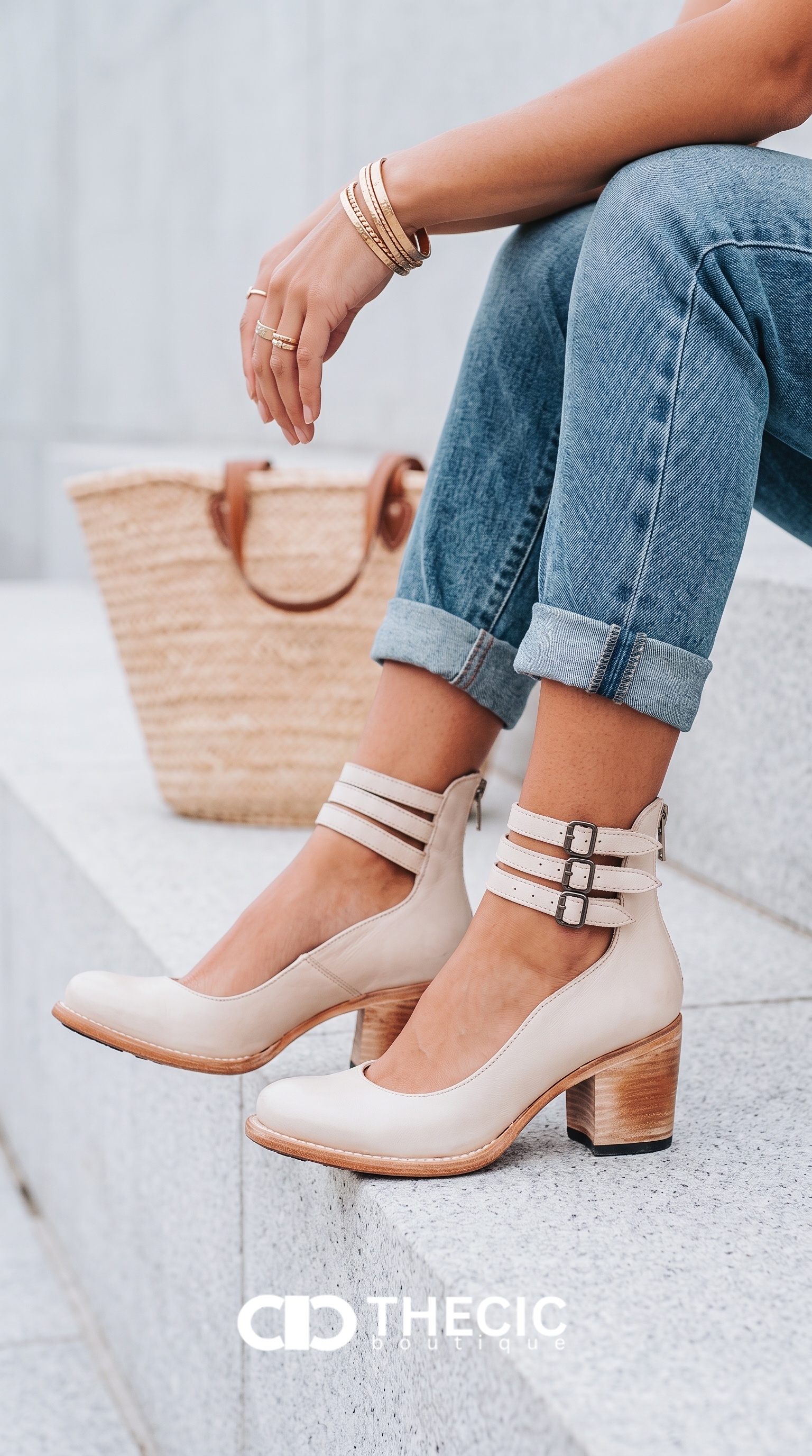 Distressed Leather Triple Buckle Ankle Strap Pumps