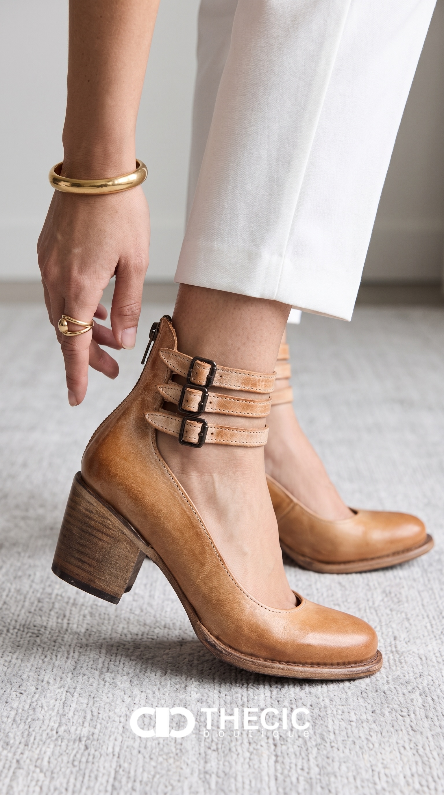 Distressed Leather Triple Buckle Ankle Strap Pumps