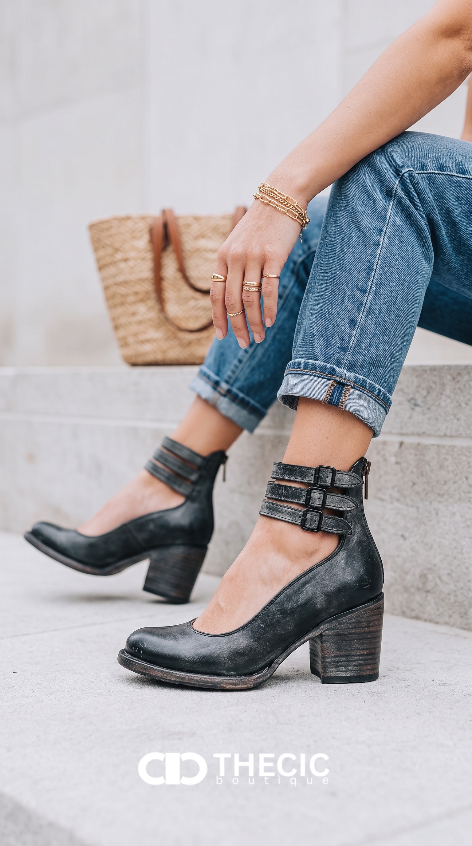 Distressed Leather Triple Buckle Ankle Strap Pumps