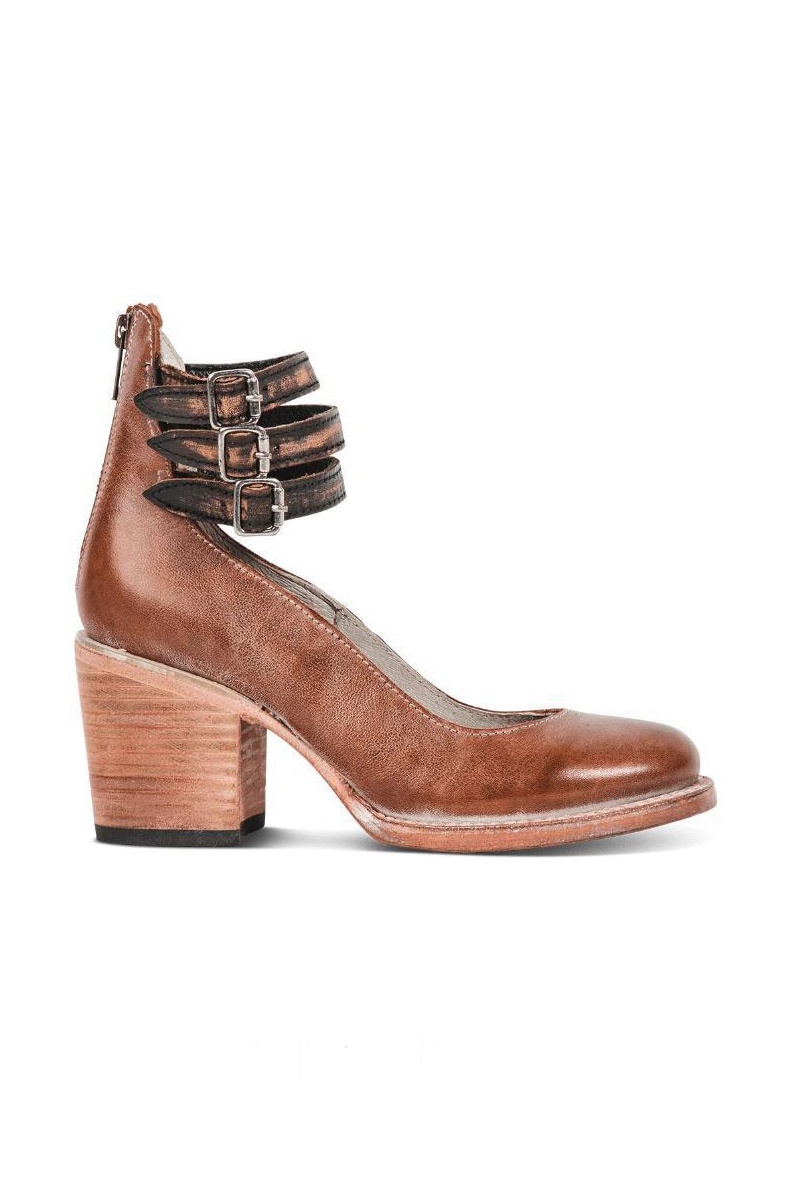 Distressed Leather Triple Buckle Ankle Strap Pumps