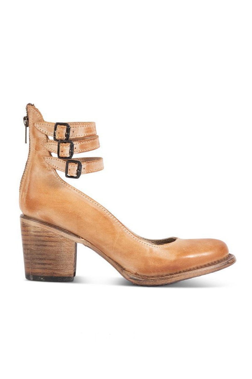 Distressed Leather Triple Buckle Ankle Strap Pumps