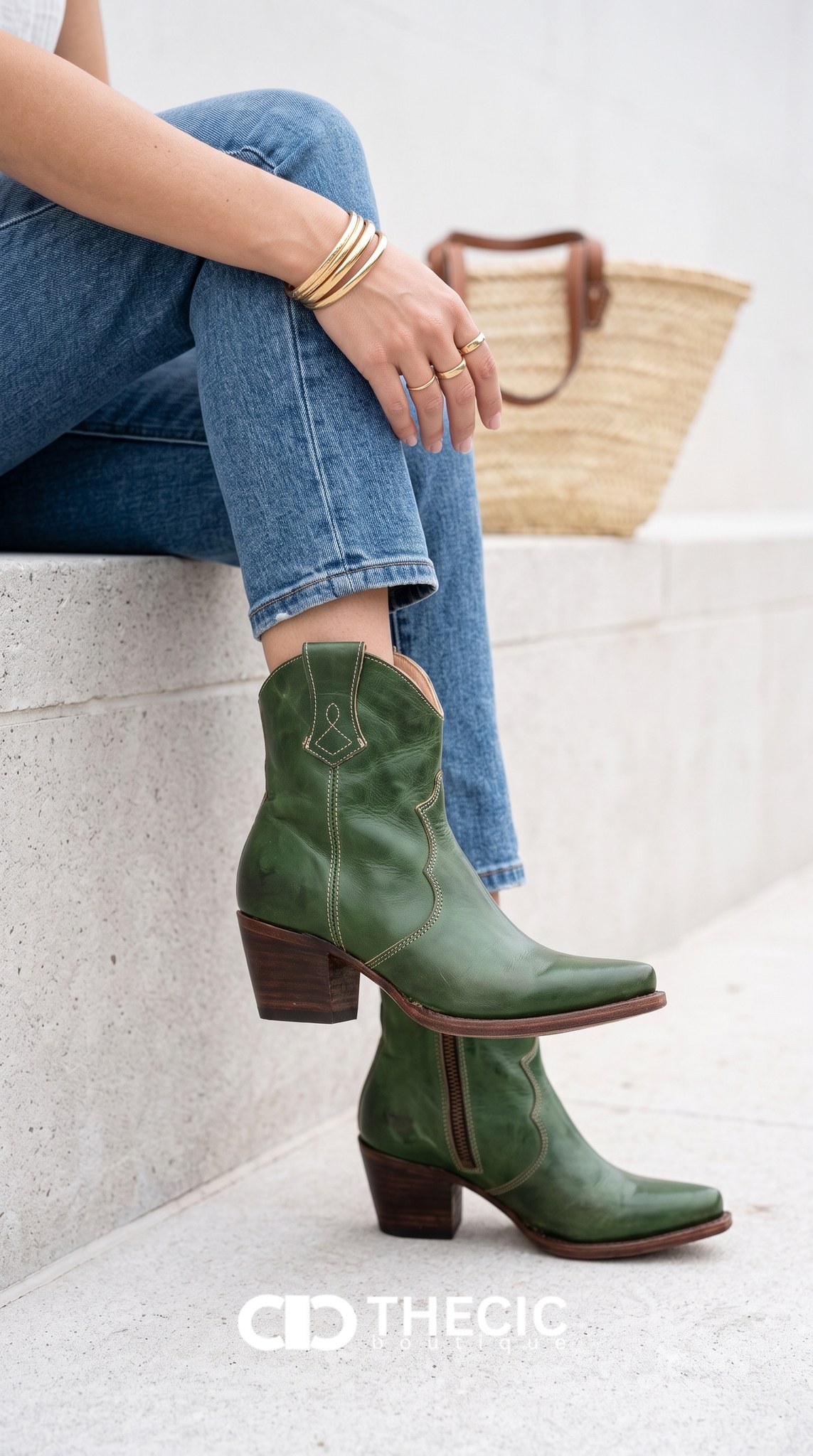 Distressed Leather Pointed-Toe Block Heel Ankle Boots