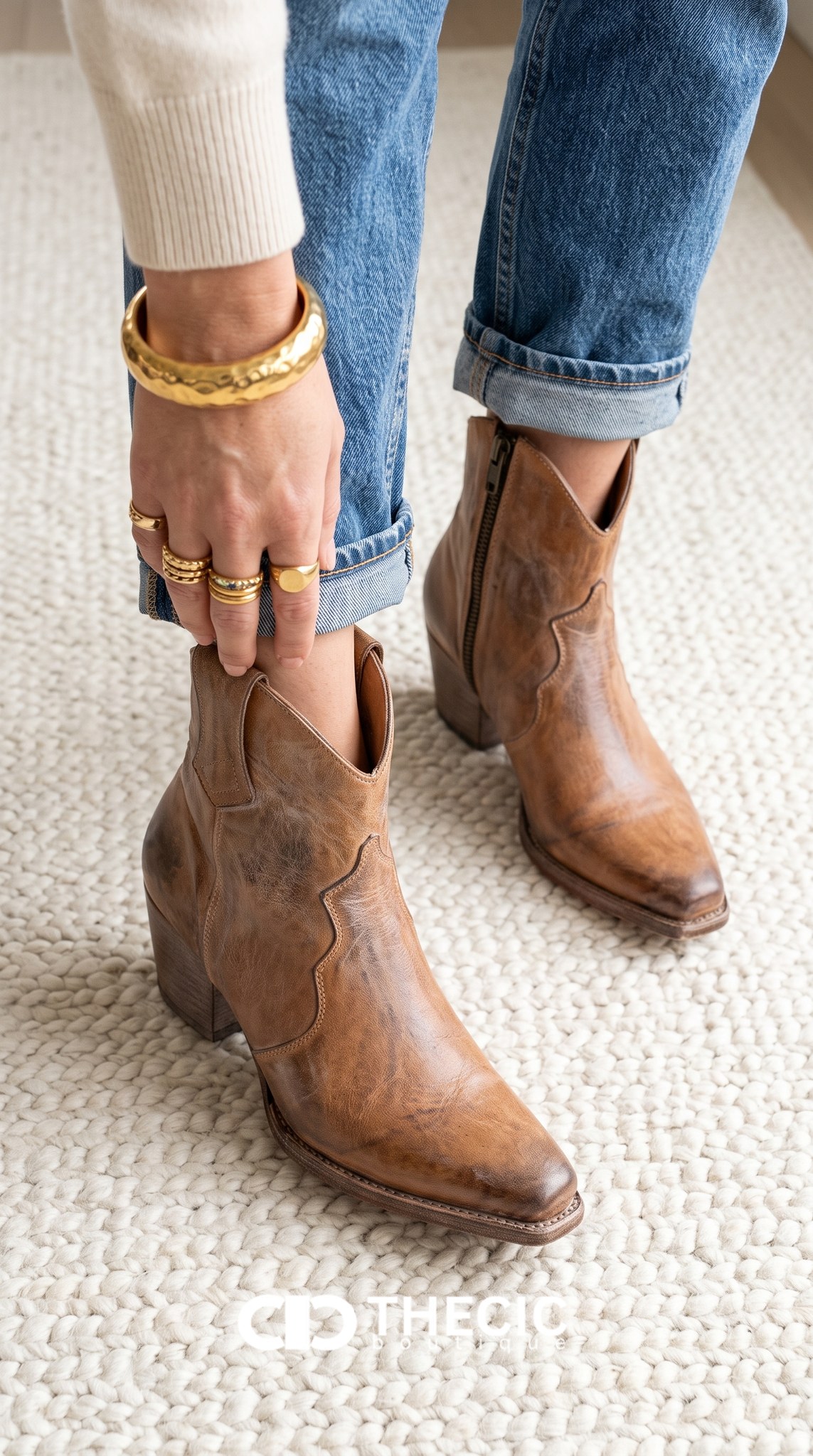 Distressed Leather Pointed-Toe Block Heel Ankle Boots