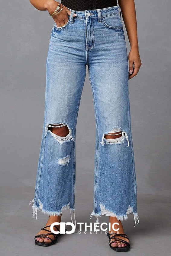 Distressed Raw Hem Wide Leg Denim Jeans