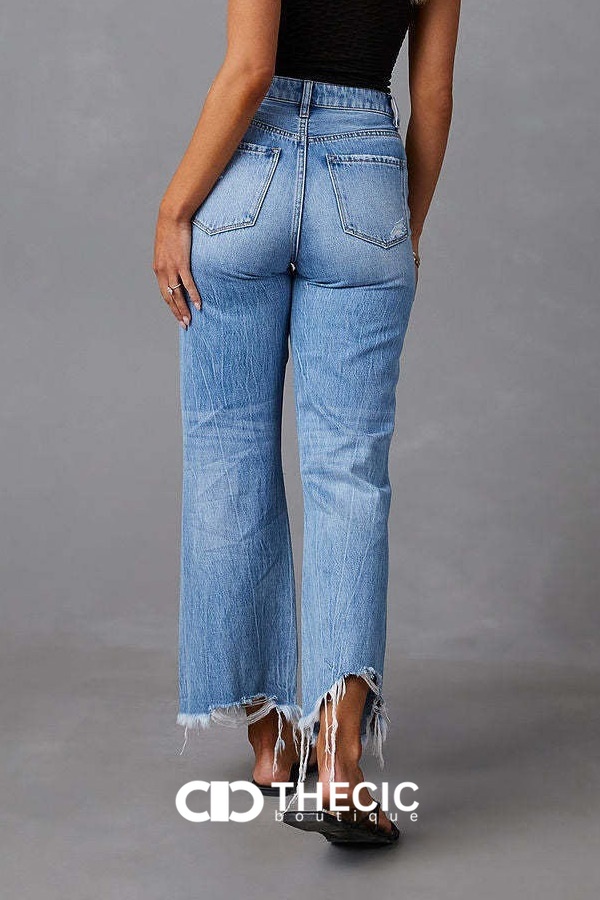 Distressed Raw Hem Wide Leg Denim Jeans