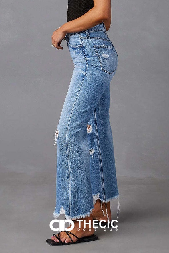 Distressed Raw Hem Wide Leg Denim Jeans