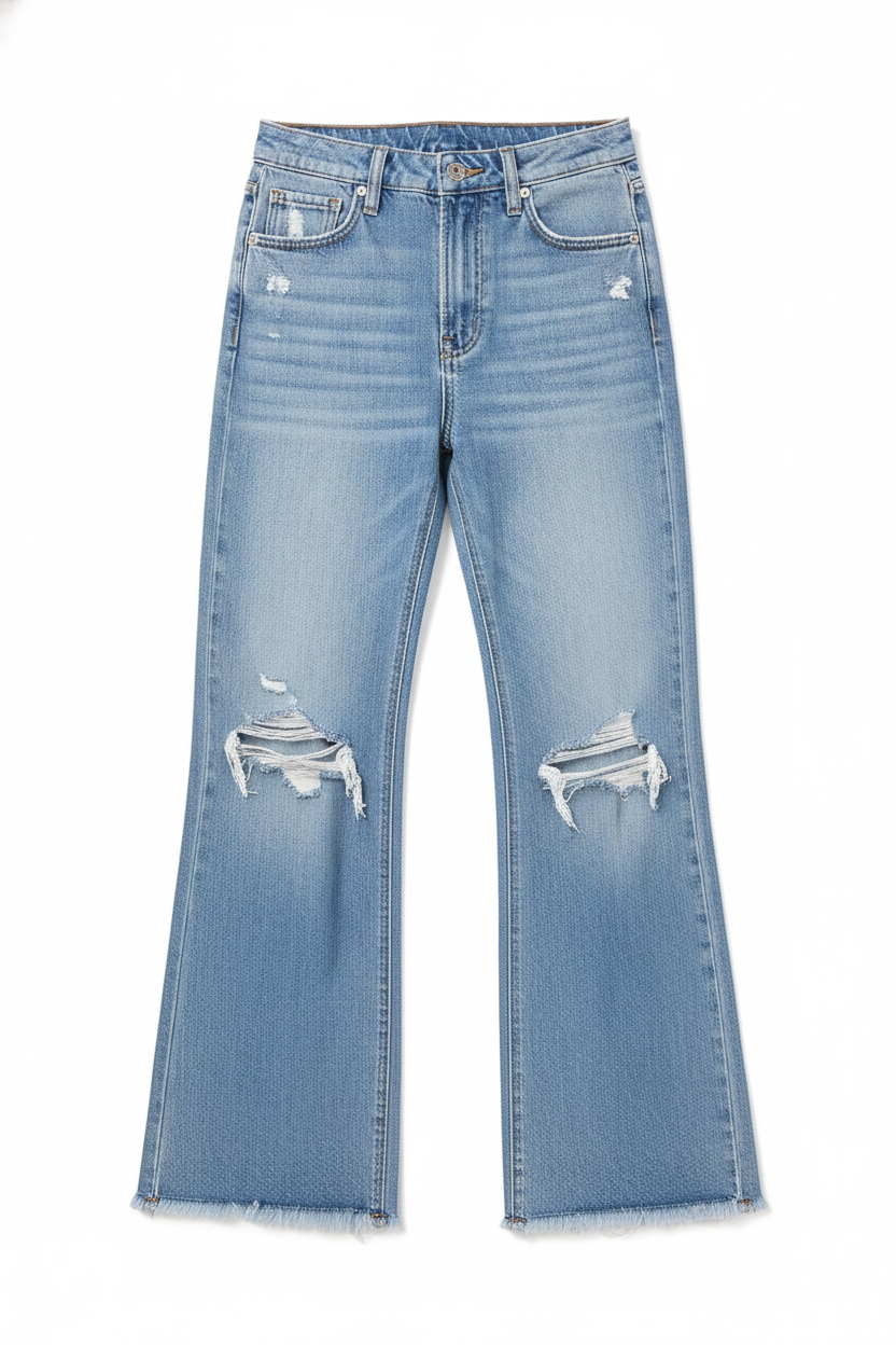 Distressed Raw Hem Wide Leg Denim Jeans