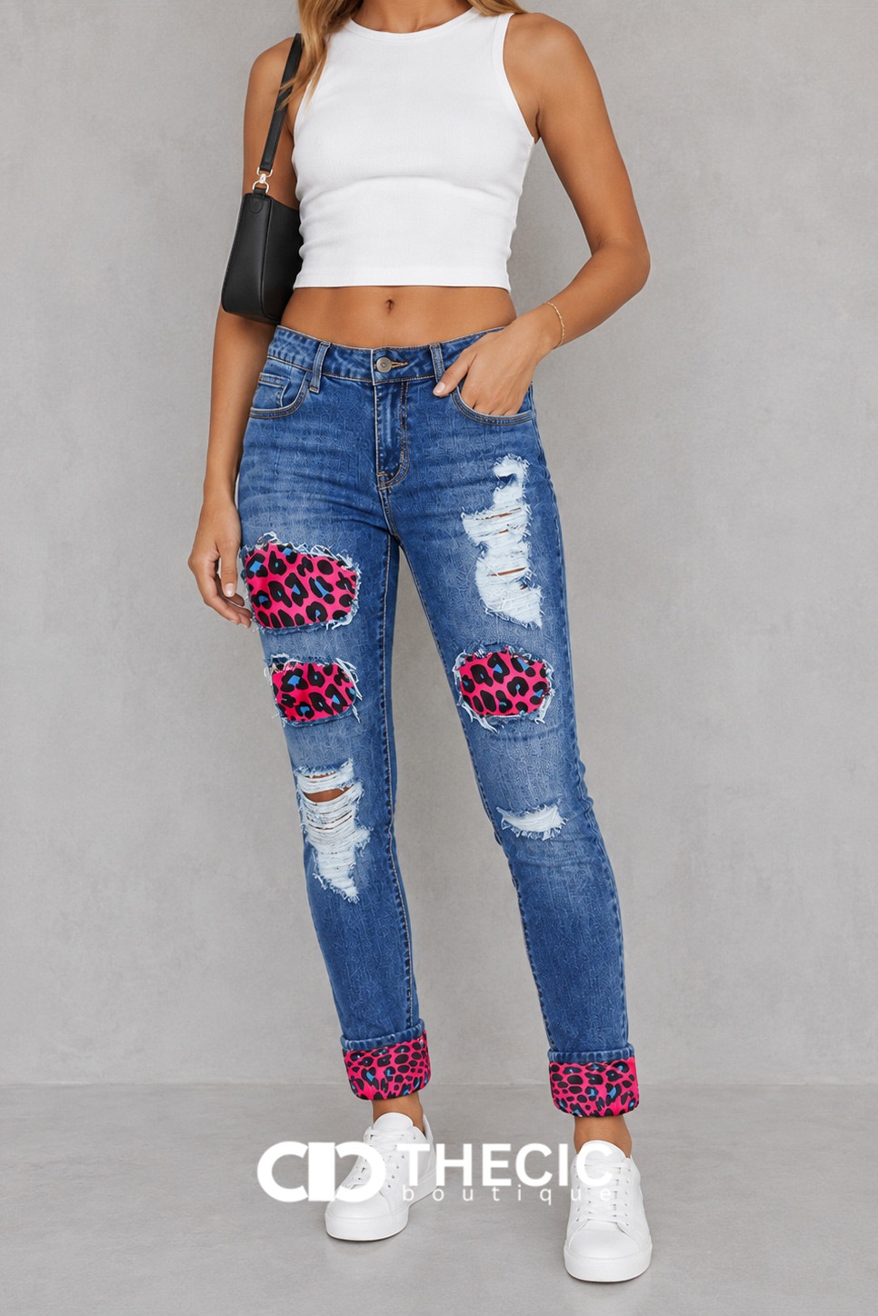 Distressed Ripped Leopard Patch Skinny Denim Jeans