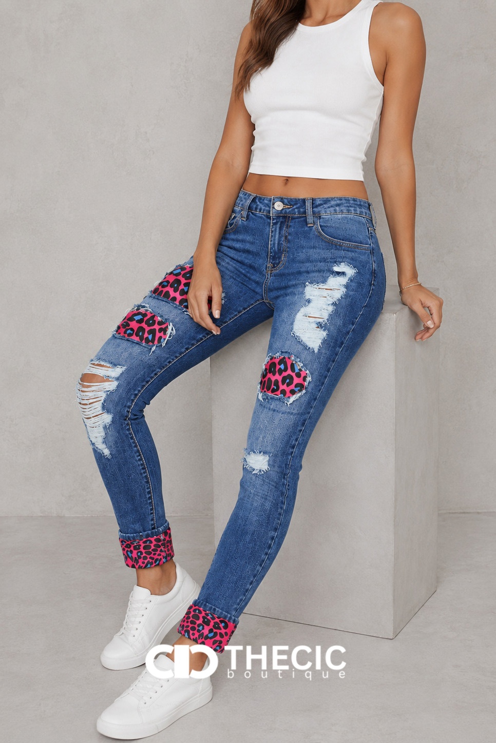Distressed Ripped Leopard Patch Skinny Denim Jeans