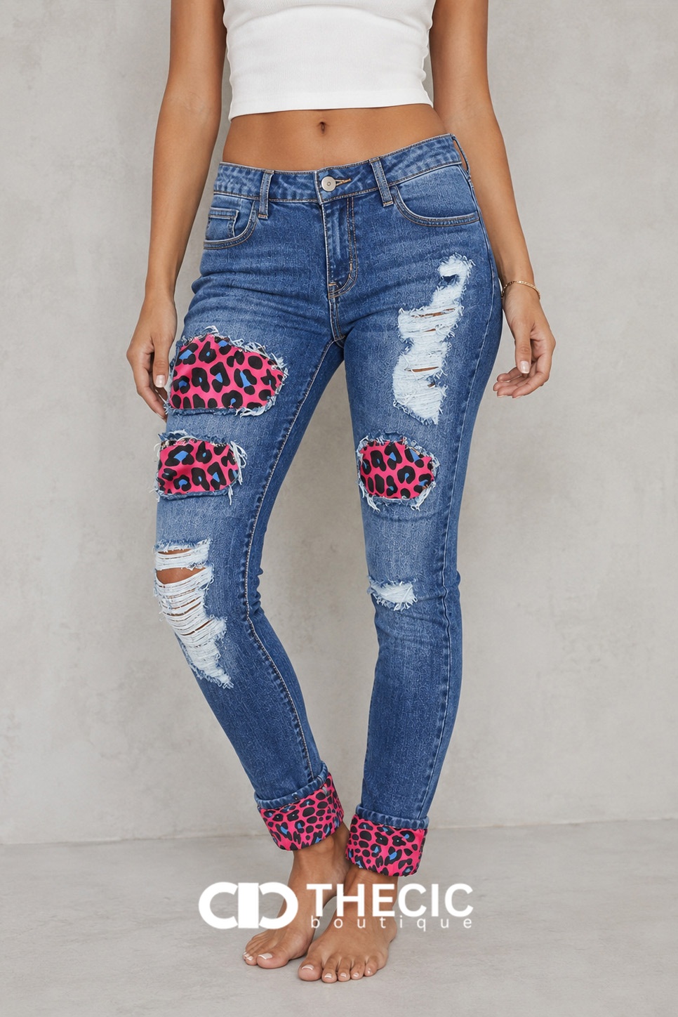 Distressed Ripped Leopard Patch Skinny Denim Jeans