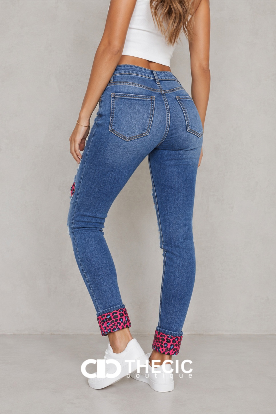 Distressed Ripped Leopard Patch Skinny Denim Jeans