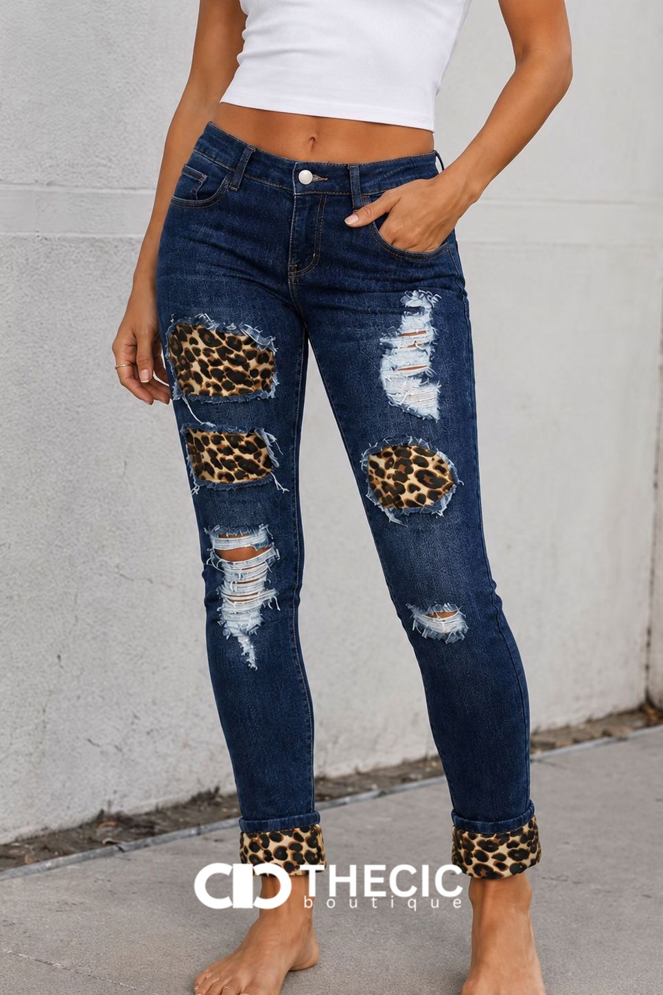 Distressed Ripped Leopard Patch Skinny Denim Jeans