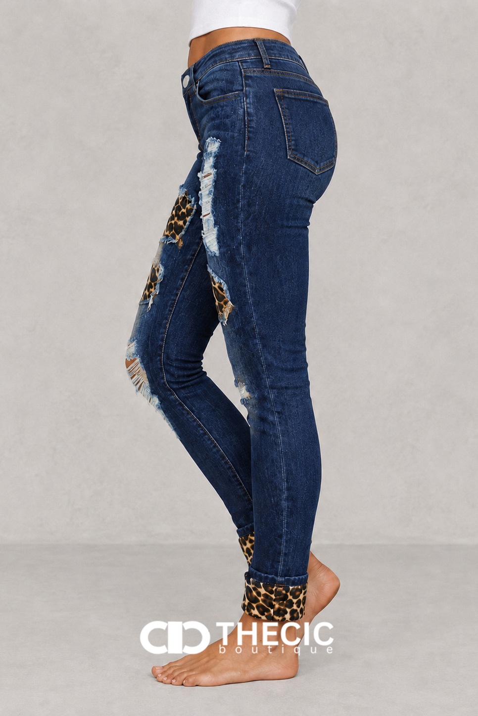 Distressed Ripped Leopard Patch Skinny Denim Jeans