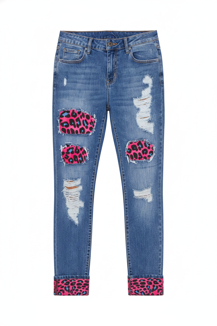 Distressed Ripped Leopard Patch Skinny Denim Jeans