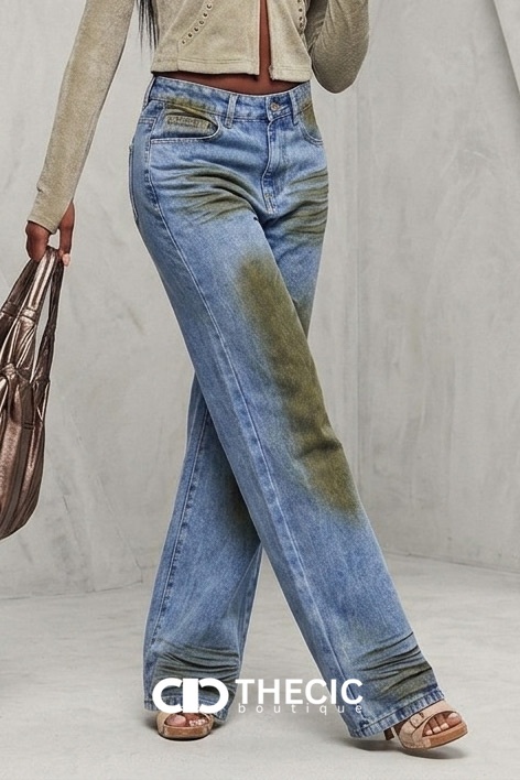 Distressed Wash Ruched Wide Leg Denim Pants