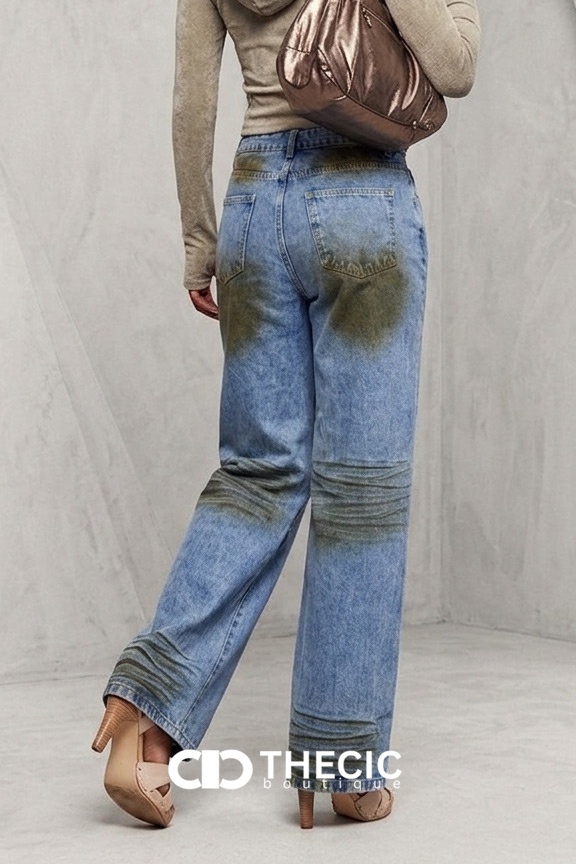 Distressed Wash Ruched Wide Leg Denim Pants