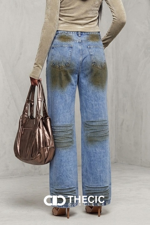 Distressed Wash Ruched Wide Leg Denim Pants