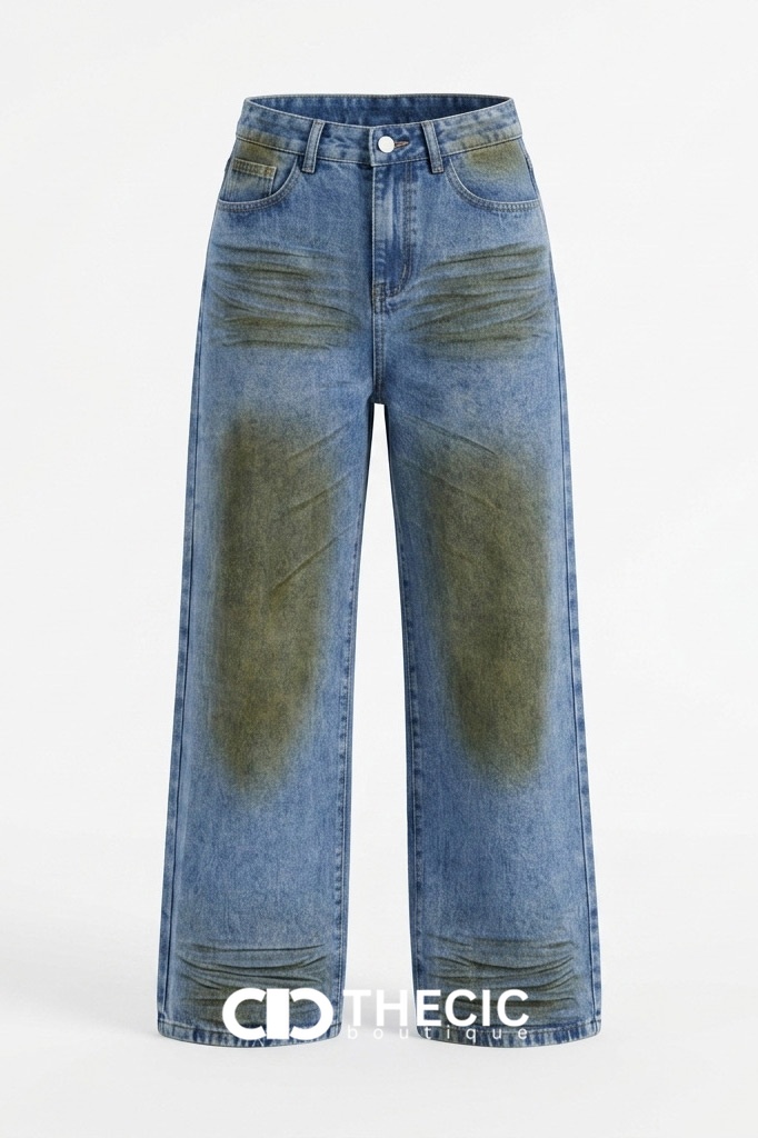Distressed Wash Ruched Wide Leg Denim Pants