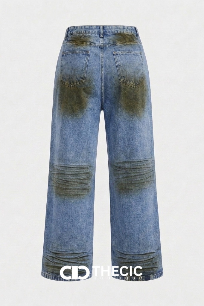 Distressed Wash Ruched Wide Leg Denim Pants