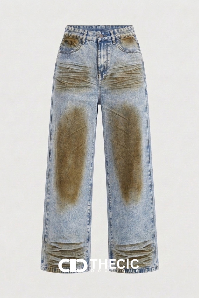 Distressed Wash Ruched Wide Leg Denim Pants