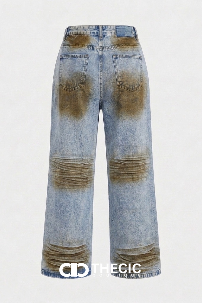 Distressed Wash Ruched Wide Leg Denim Pants