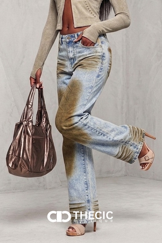 Distressed Wash Ruched Wide Leg Denim Pants