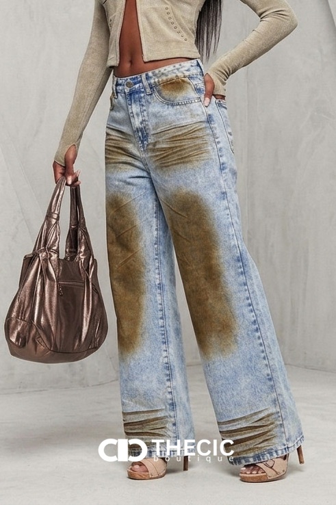 Distressed Wash Ruched Wide Leg Denim Pants