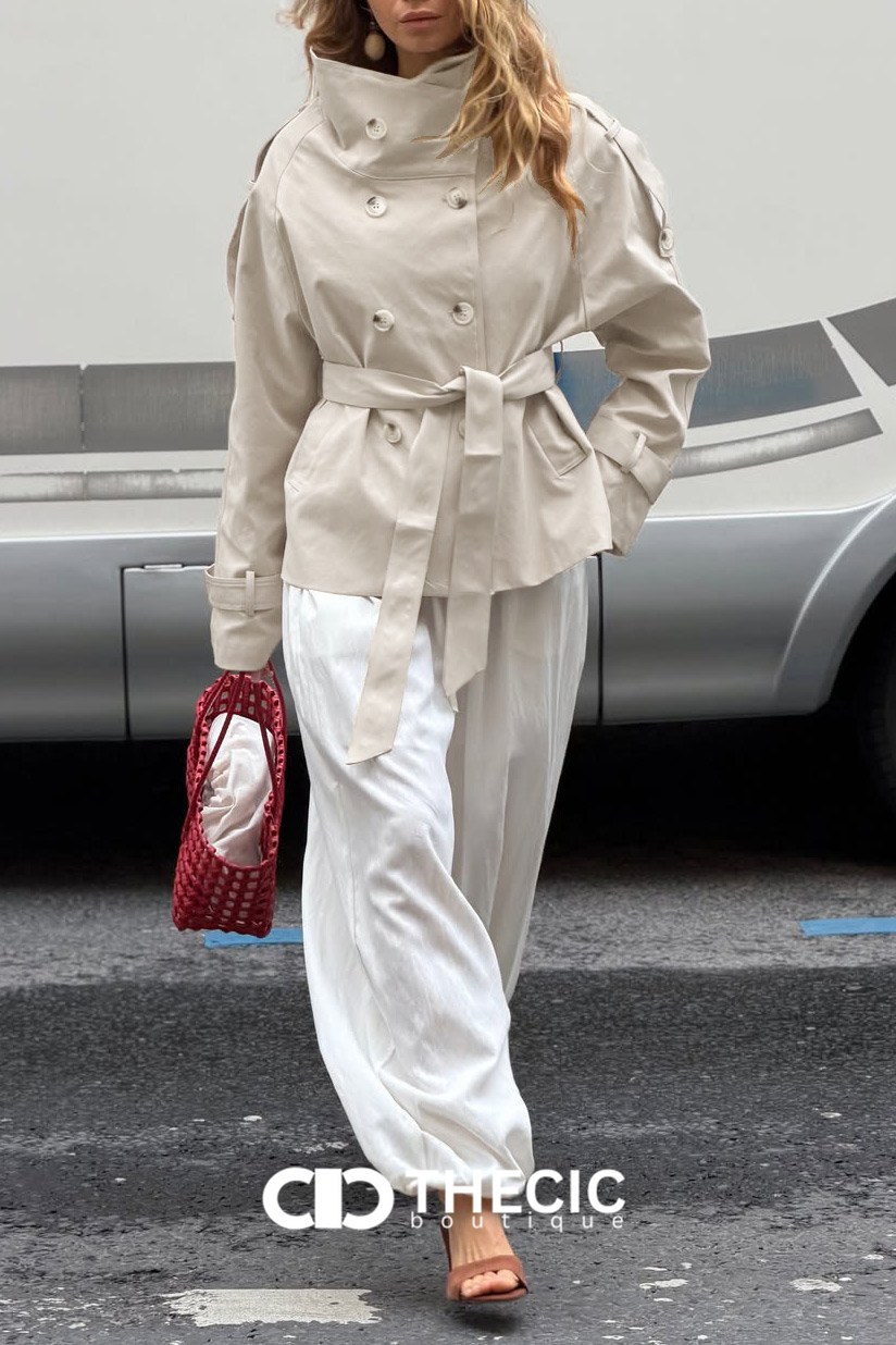 Double-Breasted Belted High-Collar Trench Jacket