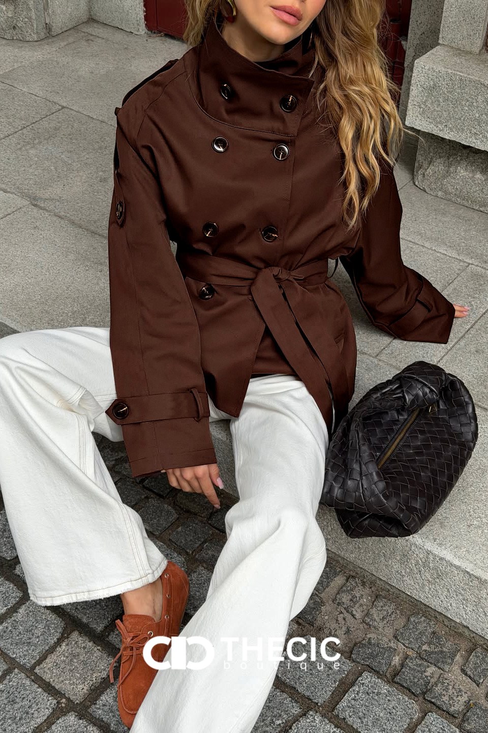 Double-Breasted Belted High-Collar Trench Jacket