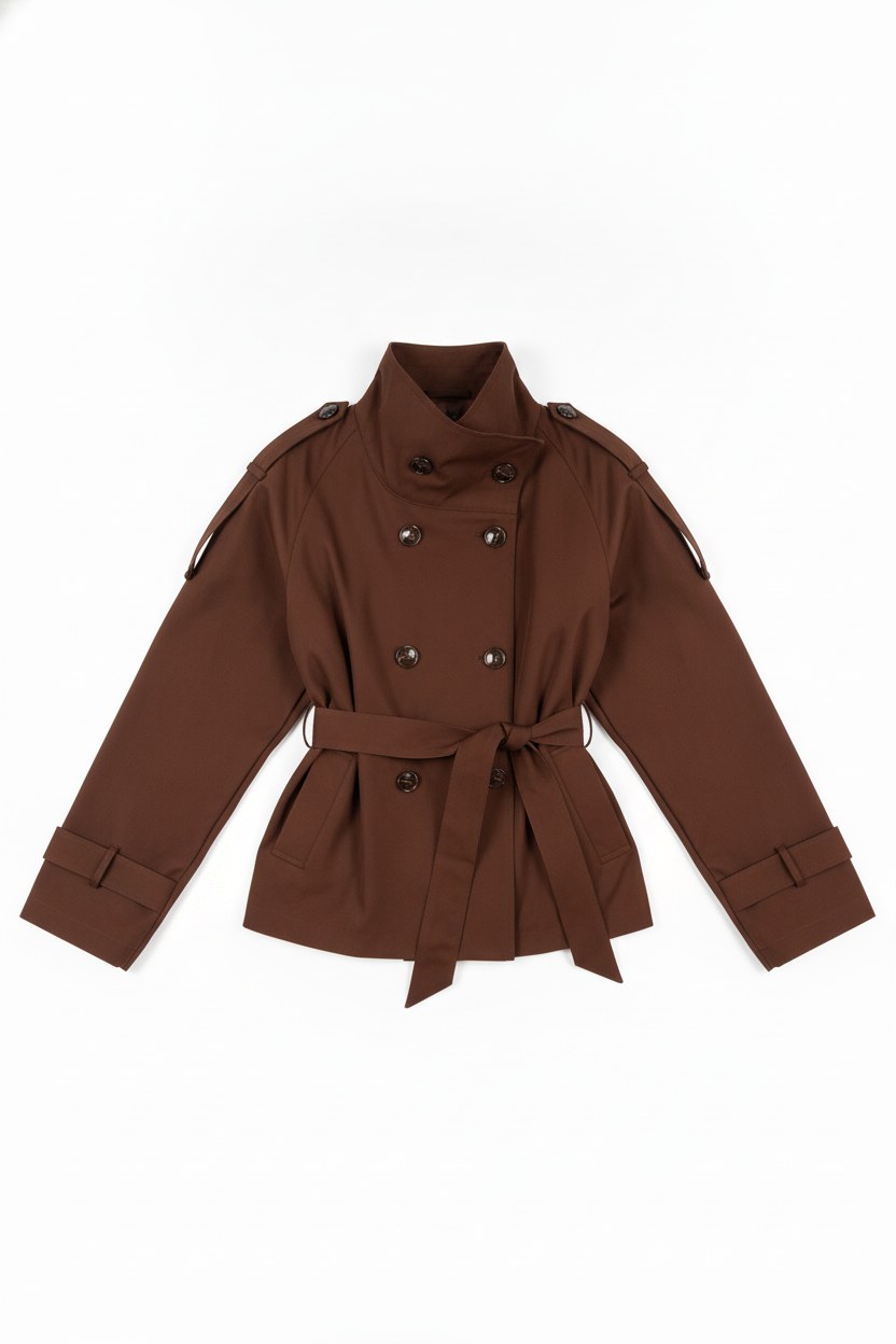 Double-Breasted Belted High-Collar Trench Jacket