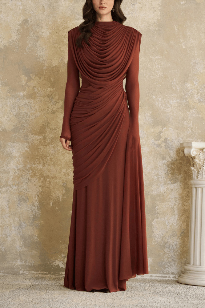 Draped Cowl Neck Long Sleeve Maxi Dress