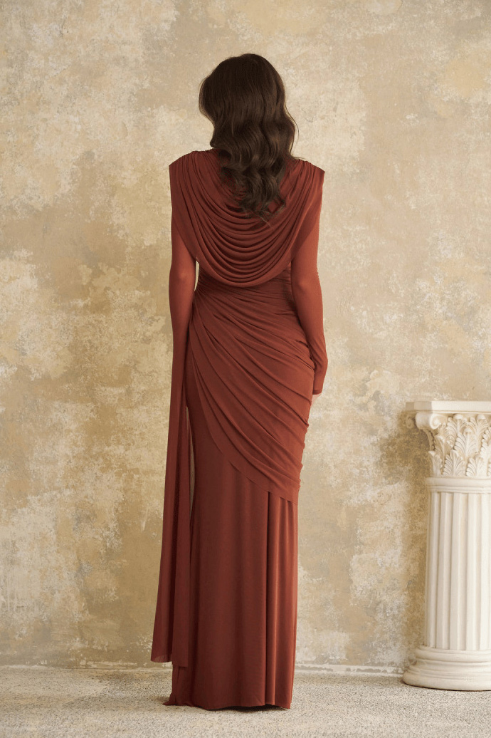 Draped Cowl Neck Long Sleeve Maxi Dress