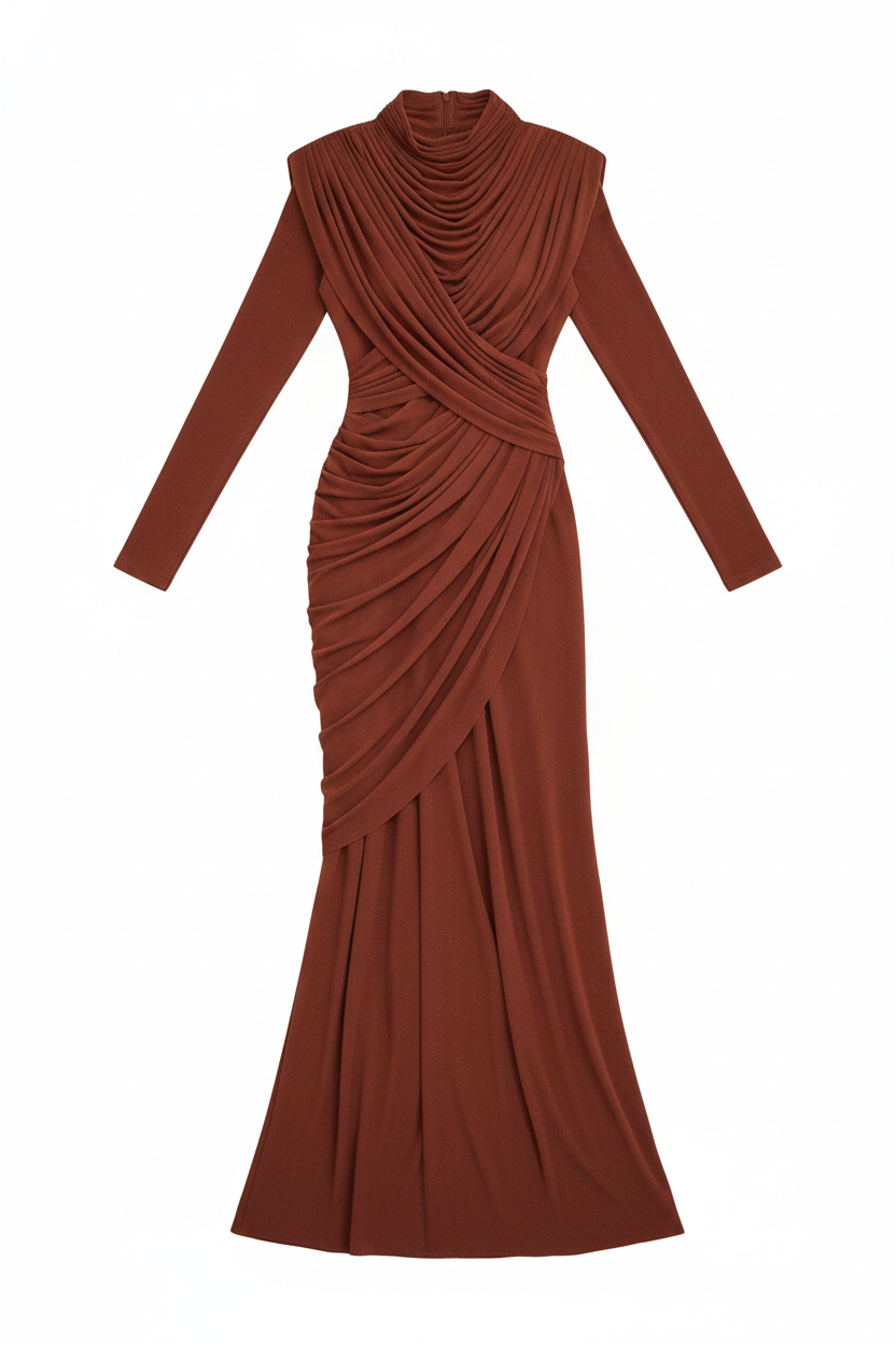 Draped Cowl Neck Long Sleeve Maxi Dress