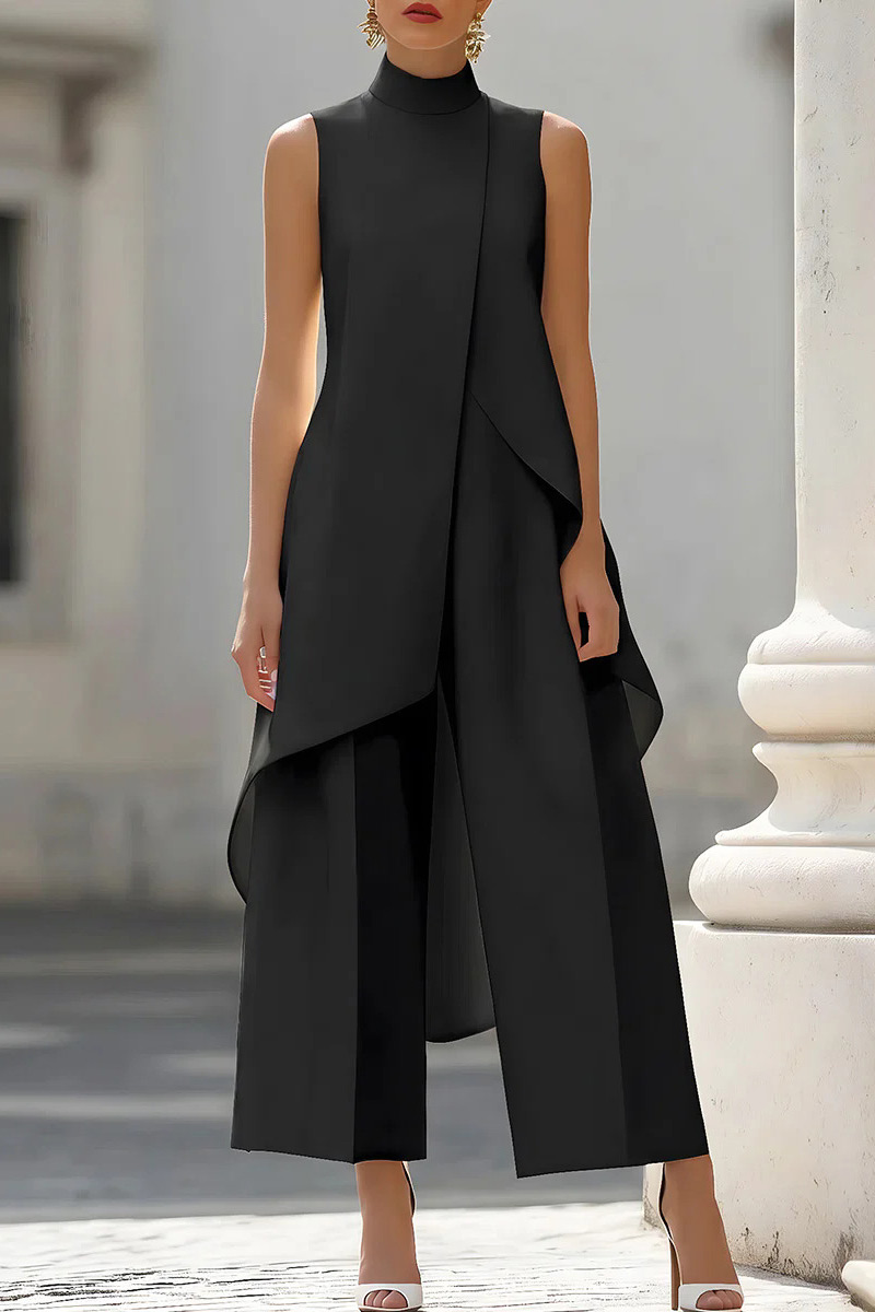 Draped Mock Neck Sleeveless Wide-Leg Trouser Set