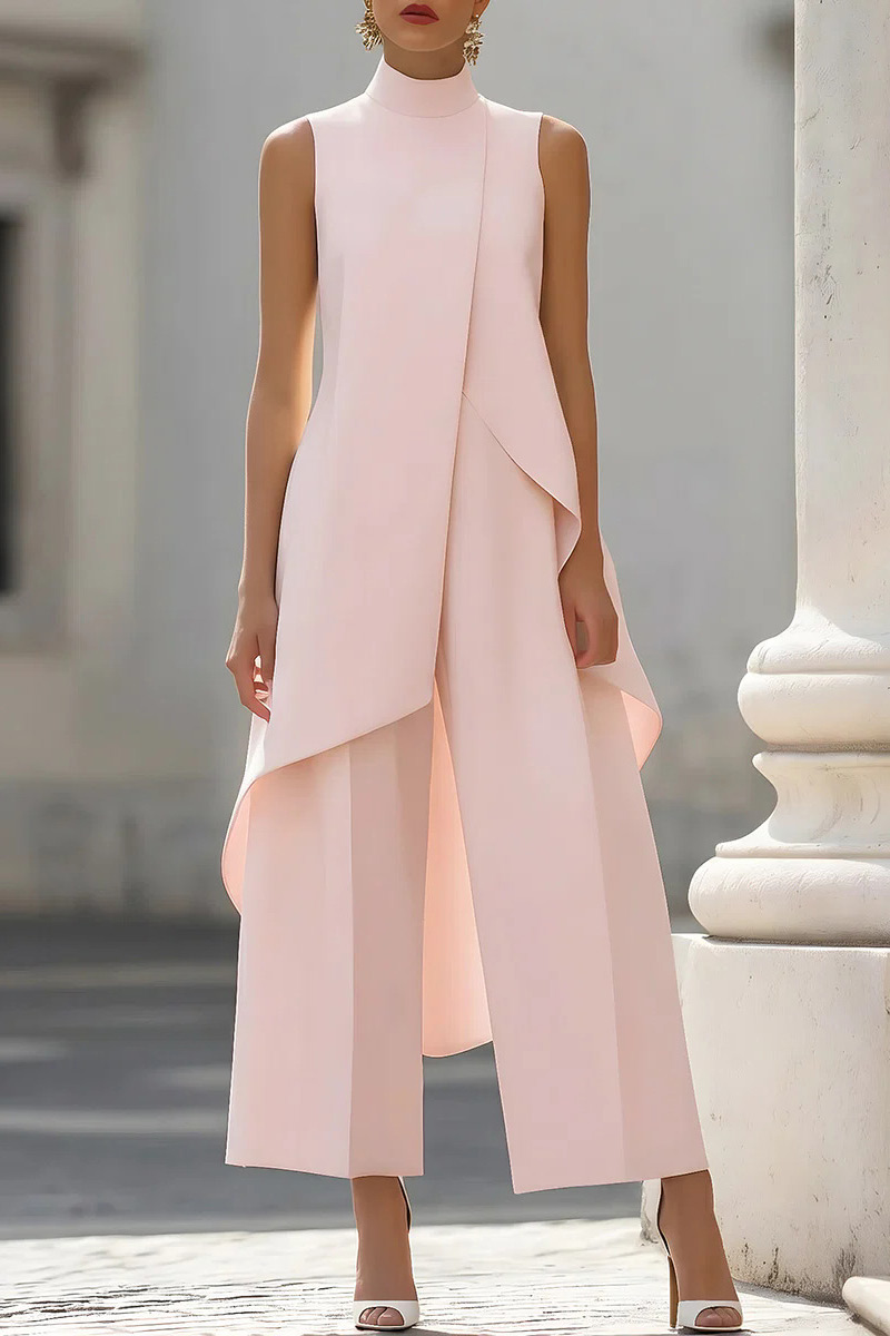 Draped Mock Neck Sleeveless Wide-Leg Trouser Set