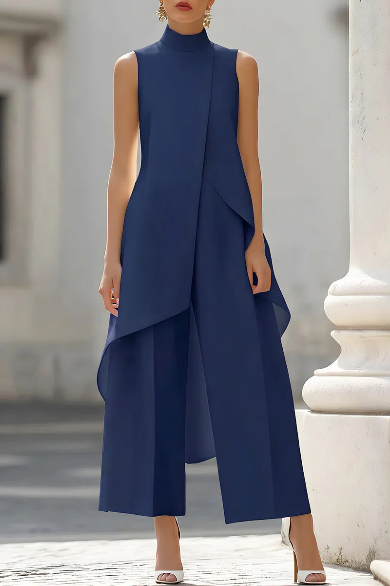 Draped Mock Neck Sleeveless Wide-Leg Trouser Set