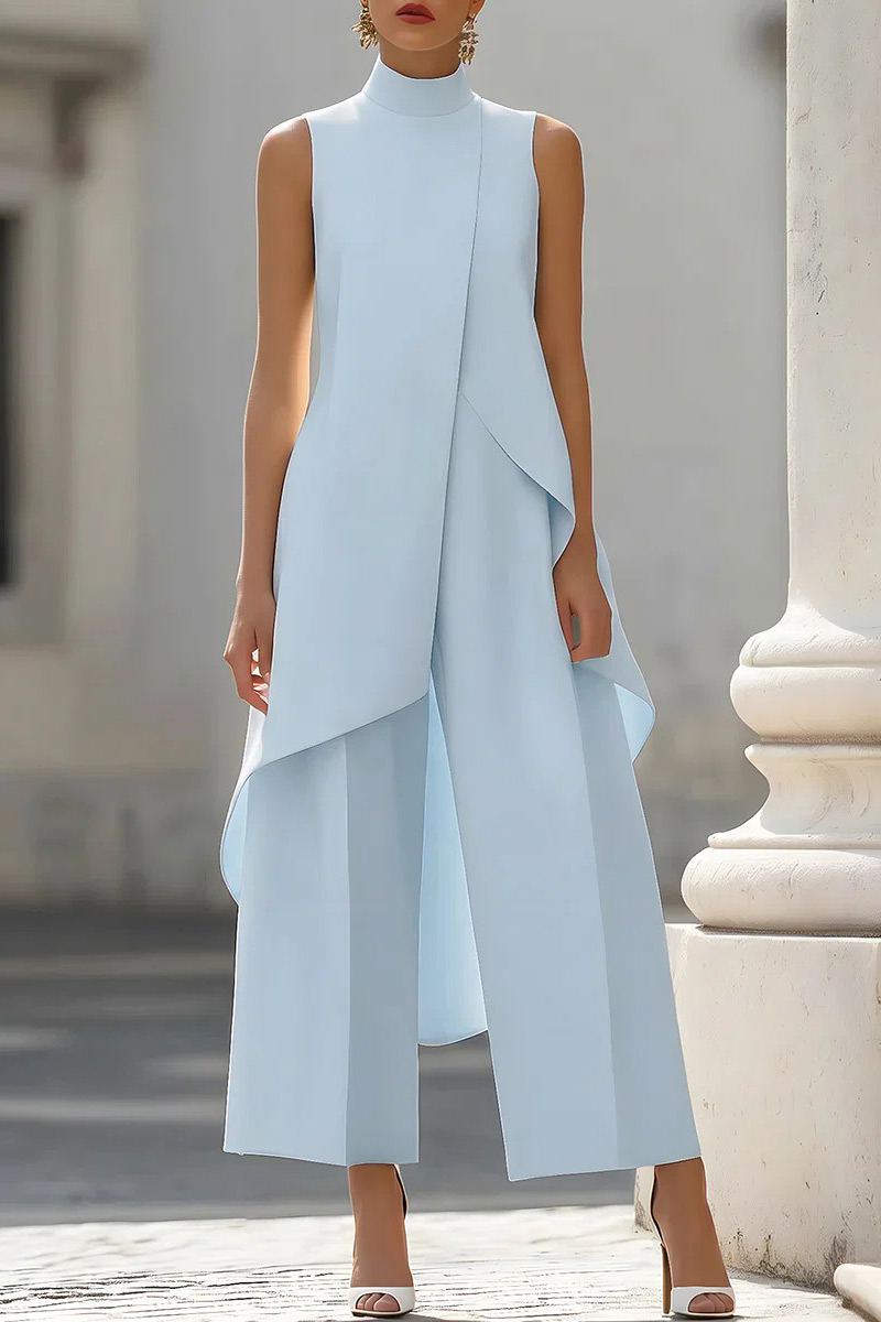 Draped Mock Neck Sleeveless Wide-Leg Trouser Set